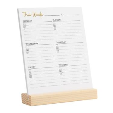 Imagem de 52 peças de agenda semanal para fazer com rastreador de objetivos e hábitos, presentes de Natal para mulheres e homens, agenda semanal com suporte de madeira para decoração de escritório em casa