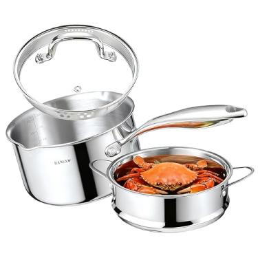 Imagem de KANGXW Panela de aço inoxidável de 2 litros com vaporizador, com bico de despejo e tampa de vidro de filtro, panela de leite, molho, molho de macarrão para todos os fogões