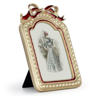 Imagem de GUOER Porta-retrato vintage 12 x 18 cm com laço, enfeite de mesa antigo e moldura de parede com frente de vidro de alta definição para decoração de casa, galeria de fotos, arte (12 x 18 cm, ouro e