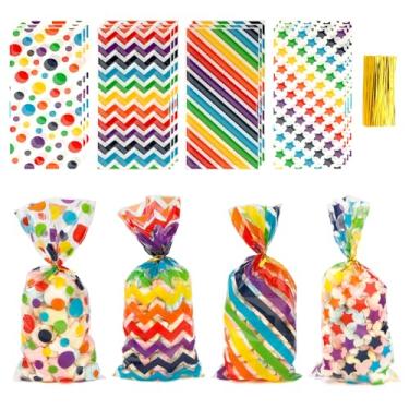 Imagem de QIHOMPIB 100 unidades de sacos de guloseimas de celofane arco-íris com estampa de bolinhas e doces com laços torcidos para chá de bebê e festa de aniversário