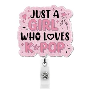 Imagem de Carretel de crachá K-pop Gifts para meninas adolescentes, Just A Girl Who Love K-pop porta-crachá retrátil com clipe jacaré para amigas, colegas de trabalho, filha, irmã, melhor amiga, presentes