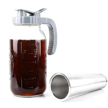 Imagem de Cafeteira fria de 1,8 l, jarra de vidro para chá gelado com filtro de aço inoxidável, jarro de 2 litros com tampa de bico para café gelado, chá e limonada, hermético e à prova de vazamento