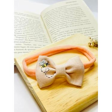Imagem de Faixa de Cabelo Infantil com Laço de Linho salmon Bordado de Abelha e Flor, Elástico Coral