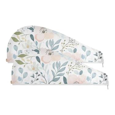 Imagem de SEHANY Toalha de cabelo de microfibra de flores coloridas elegantes para mulheres, 2 peças, turbantes de cabelo de secagem rápida com botão, touca de cabelo seco absorvente toalha de secagem de cabelo