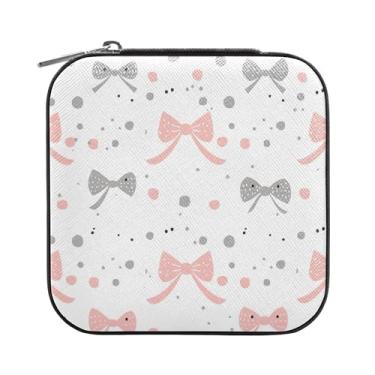 Imagem de SEHANY Caixa de joias personalizada com laço rosa para mulheres, meninas, mini estojo de joias de couro PU, organizador de joias de viagem, caixa de joias para brincos, anéis, colares, presentes para