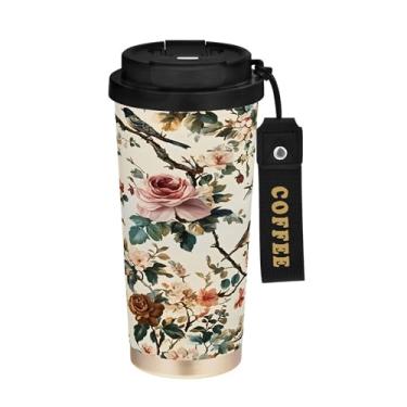 Imagem de SEHANY Caneca de café de viagem Flores e pássaros de 482 g com tampa revestida de cerâmica e à prova de vazamento, parede dupla, copo de aço inoxidável isolado a vácuo para bebidas quentes e frias