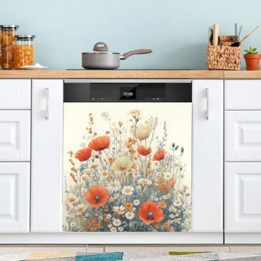Imagem de ATTX Capa de ímã de lava-louças flores pastel, 58 cm C x 66 cm A decoração da capa frontal da máquina de lavar louça, decalques de armário doméstico adesivos de eletrodomésticos #194