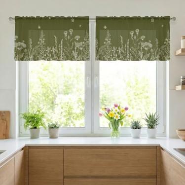 Imagem de Horaldaily Cortinas transparentes de primavera para sala de estar e quarto, flores silvestres florais musgo verde cortinas de janela, decoração de cortinas de janela de férias, 132 cm L x 35,5 cm C