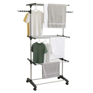 Imagem de Varal de Chão com 3 Andares e Cabideiro, 6 Prateleiras Reguláveis, 4 Rodízios com Travas, Estrutura Dobrável em Aço e ABS, Cinza, 170cm Altura