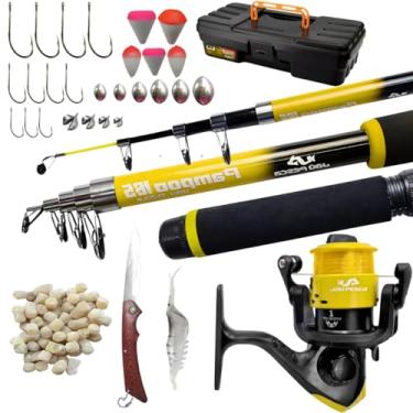 Imagem de Jau Pesca Kit de Pesca Completo com Vara Telescópica 5 Seções, Molinete 1 Rolamento, Anzóis, Chumbadas, Bóias, Isca Artificial, Canivete, Ração 50g, Capacidade 3,5kg (Amarelo)