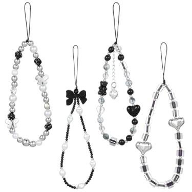 Imagem de Mabor Amuleto de telefone com contas de 4 peças, pingente de coração e laço Y2K para celular, acessórios estéticos com contas, chaveiro Y2K cordão para decoração de câmera, preto e prata