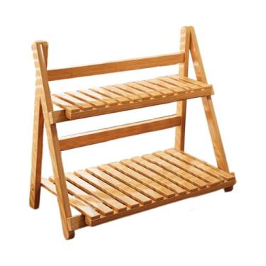 Imagem de WeiLaiKeQi Suporte para plantas de bambu, organizador de mesa, escada prática, 2 níveis, suporte para vasos, prateleira para plantas para cozinha, pátio, casa, Castanho Claro 50cm