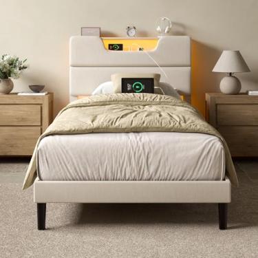 Imagem de OURPIC HK-BF-020-CL-T-1-BG Estruturas de cama de solteiro para crianças, molduras de cama de solteiro com cabeceira estofada ajustável, cama plataforma moderna com estação de carregamento e luzes LED