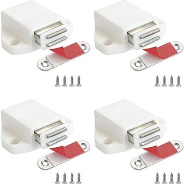 Imagem de Pequenas ferragens magnéticas de empurrar para abrir o armário CBRIVE pacote com 4 travas de empurrar para porta escondida gaveta puxar touch lock ponta no armário RV fechar forte pop out, branco
