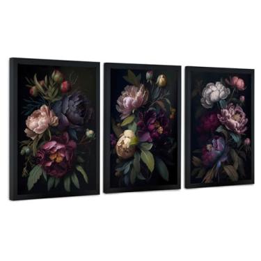 Imagem de ICHZUMW Moody Floral Wall Art Framed, Vintage Peony Wall Art Conjunto de 3, Impressões Florais Dark Academia, Imagens de Flores Góticas para Decoração de Quarto e Sala de Estar, Decoração de Casa