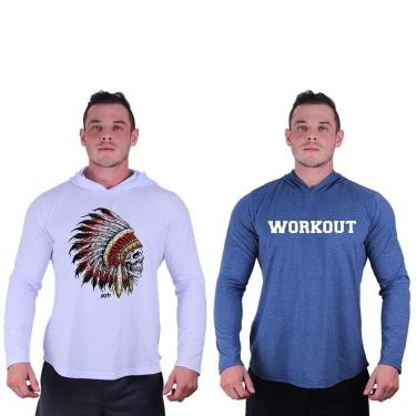 Imagem de Kit 2 Camisetas Manga Longa com Touca Longline Estampada Treino Academia Lazer Casual-Masculino