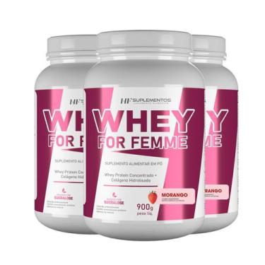 Imagem de 3X Whey For Femme + Colageno Hidrolisado 900G Morango Hf - Hf Suplemen