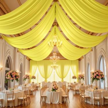 Imagem de Cortina de teto amarela de 3,5 m × 20 m para festas de casamento, tecido drapeado de poliéster sem rugas, cortina amarela clara para festa, barraca, hotel, banquete, salão, decoração de teto, 2