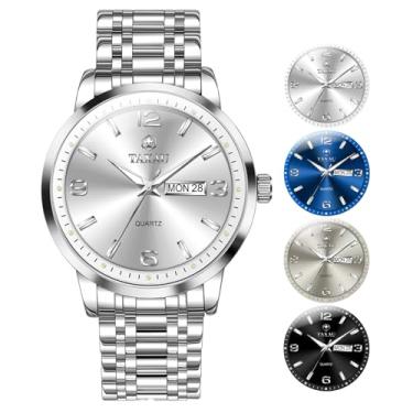 Imagem de Taxau Relógio masculino prata grande à prova d'água relógio analógico quartzo masculino relógios de pulso masculinos de aço inoxidável de luxo fácil de ler com data do dia Reloj para Hombre, Prata