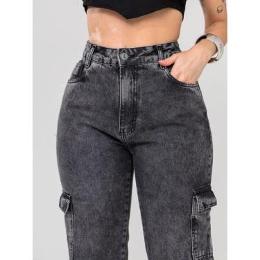 Imagem de Calça Wide Leg Cargo Feminina  Jeans Grafite Chumbo Marmorizado, Cintu