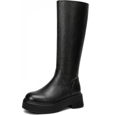 Imagem de BeeLg Botas de cano alto plataforma para mulheres, bico redondo, salto grosso, bota longa, Preto, 34