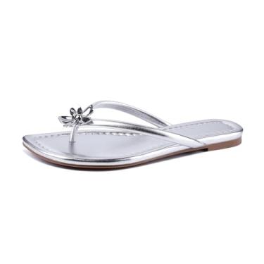 Imagem de Gothictor Sandálias femininas rasteiras florais femininas bico redondo confortável salto baixo elegante sandálias de praia, Prata, 35
