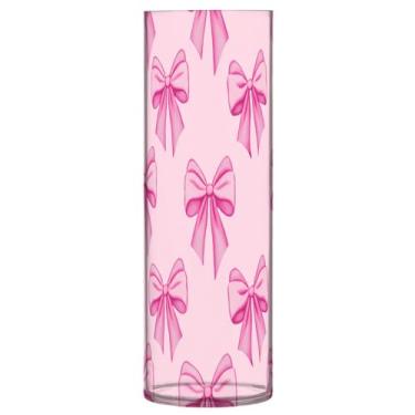 Imagem de JUZIHAI Vaso de flores com padrão de laço rosa 9,9 cm x 30 cm de cilindro de plástico moderno para decoração de casa de centro de mesa de casamento