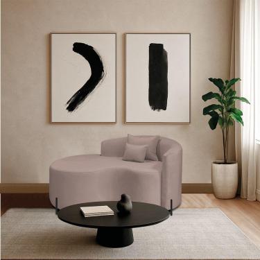 Imagem de Divã Recamier Curvo Sala De Estar Recepção Inglaterra 150cm Pés Metal Preto Lado Esquerdo Linho Rosê