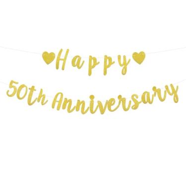 Imagem de 2 peças de banner Happy 50th Birthday, faixa pré-amarrada com glitter dourado 50º aniversário de casamento 50 anos lembrancinha de festa amada e decoração