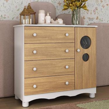 Imagem de Cômoda Infantil 95cm 1 Porta Com Vidro E 4 Gavetas Suspiro Multimóveis MP4459 Branco/madeirado