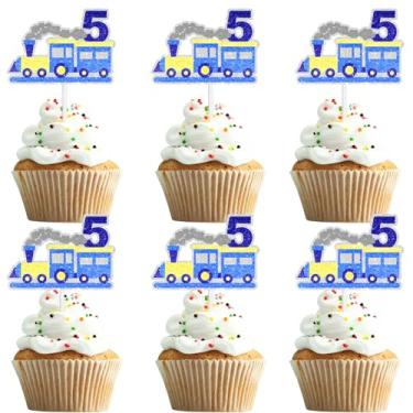 Imagem de 18 Pieces Train Chugga Cupcake Toppers Kids 5th Birthday Happy Decorations, Boys and Girls Birthday Party, Transportation Railroad Track Party Steam Train Choo Decorations (5th)
