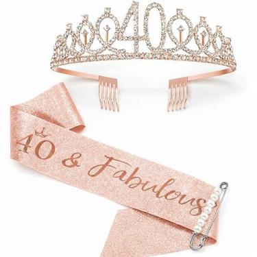 Imagem de Shimmer Anna Shine Rose Gold 40th Birthday Tiara Crown and Sash Set, Crystal Rhinestone Birthday Party Decorations, 40 and Fabulous Theme