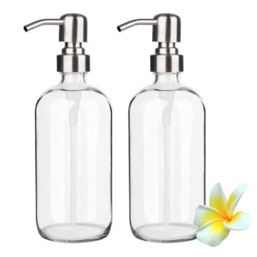 Imagem de SHUNCHG Dispensador de sabão de vidro transparente de 500 ml com bomba de aço inoxidável recarregável, dispensador de sabonete líquido para as mãos, recipiente redondo para cozinha, banheiro, pacote