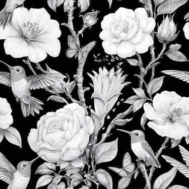 Imagem de MAGAFA Papel de parede de beija-flor preto e branco descasque e cole flores desabrochando papel de contato fácil de descascar papel de parede autoadesivo removível para gaveta de armário de cozinha 45