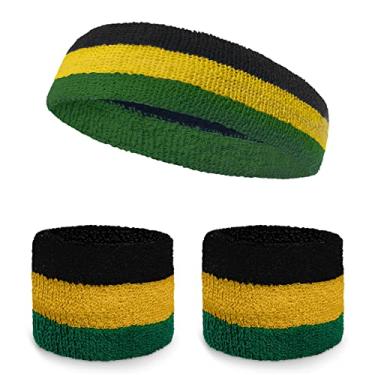 Imagem de COUVER Conjunto de faixas de transpiração atléticas com cores da bandeira da Jamaica – faixa de cabeça e 2 pulseiras – conjunto de faixas de suor de tecido felpudo preto amarelo verde para esportes