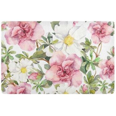 Imagem de TSENQUE Tapete de porta frontal com flores rosa desabrochando personalizado, tapete absorvente antiderrapante, tapete de porta de entrada ao ar livre 81 x 50 cm