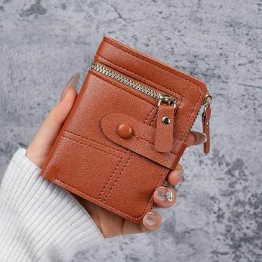 Imagem de Carteira feminina de couro genuíno com dobra dupla/tripla - Suporte minimalista para cartão de crédito com bloqueio de RFID e bolso para moedas, Marrom, Casual