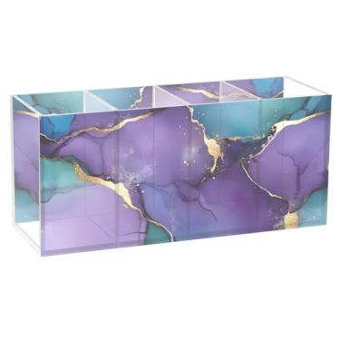 Imagem de TSENQUE Suporte de caneta de acrílico com estampa de mármore roxo dourado personalizado para canetas, marcadores, arte, porta-pincéis de maquiagem, copo de caneta, estética, decoração de mesa de
