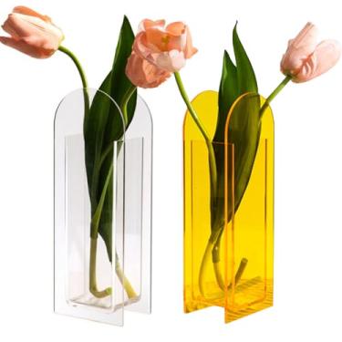 Imagem de Vaso de acrílico de cristal, 2 peças, vaso de flores com design moderno, vaso de acrílico para centro de mesa de casamento, elegante vaso floral para mesa de sala de estar, escritório (amarelo +