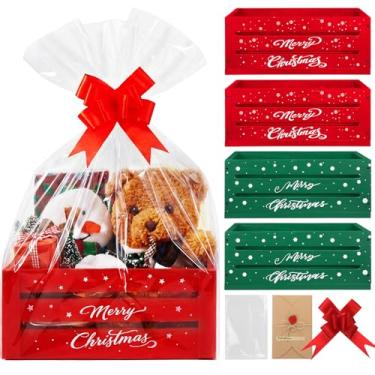 Imagem de LemonRoad Conjunto de 4 cestas grandes de madeira de Natal para presentes, kit de cesta de madeira DIY vazia com alça de laço vermelho, caixa de armazenamento removível de Natal, caixas decorativas