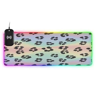 Imagem de CEBUGI Mouse pad de carregamento sem fio com estampa de leopardo neon 15 W rápido para jogos com 14 iluminação LED RGB para jogos, PC, laptop, mesa de 80 x 30 cm