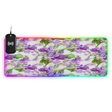 Imagem de CEBUGI Mouse pad de carregamento sem fio flores roxas 15W mouse pad rápido para jogos com 14 iluminação LED RGB para jogos, PC, laptop, mesa 80 x 30 cm