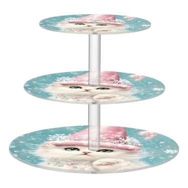 Imagem de Suporte de cupcake para festa de chá, 3 camadas, inverno, gato, rosa, chapéu de papai noel, torre de bolo, decoração de festa de chá, bandeja de servir, suporte de comida