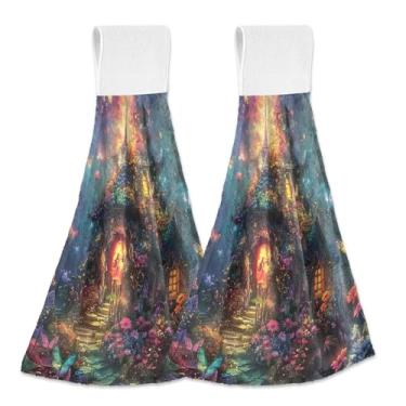 Imagem de Joitme Toalhas de mão vibrantes para pendurar em casa de fadas com laço, pacote com 2, toalhas decorativas de lã coral macia e absorvente para cozinha e banheiro com fita mágica para secar no forno e