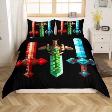 Imagem de Conjunto de capa de edredom com espada colorida, tamanho Queen, jogos de construção, 3 peças, para decoração de quarto de crianças, meninas, meninos, adultos, capa de edredom de bloco geométrico, capa