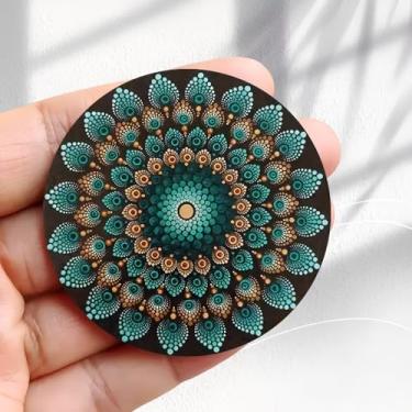 Imagem de Ímã de geladeira vintage azul-petróleo dourado arte mandala design -5,8 cm acrílico redondo adesivo de geladeira decoração retrô presente tamanho perfeito para geladeira, armário ou qualquer