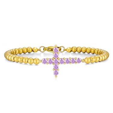 Imagem de Pulseira feminina com cruz de pedra do mês de nascimento, banhada a ouro 14 k, delicada, de aço inoxidável, zircônia cúbica, contas de fé, ajustável, moderna, joia de presente, Large, Aço inoxidável