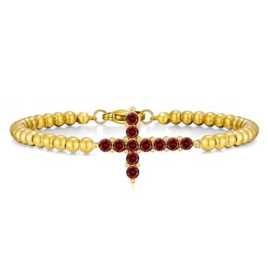 Imagem de Pulseira feminina com cruz de pedra do mês de nascimento, banhada a ouro 14 k, delicada, de aço inoxidável, zircônia cúbica, contas de fé, ajustável, moderna, joia de presente, Large, Aço inoxidável