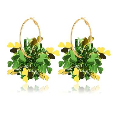Imagem de Dreuyet Brincos femininos de guirlanda de Dia de São Patrício com glitter dourado verde chapéu de trevo de tinsel brinco de guirlanda de trevo da sorte irlandês aros de fogos de artifício para joias