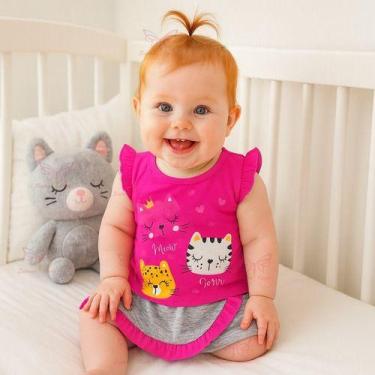 Imagem de Conjunto Fofura Short Saia + Blusa Gatinha para Bebê Menina Tam RN a 0